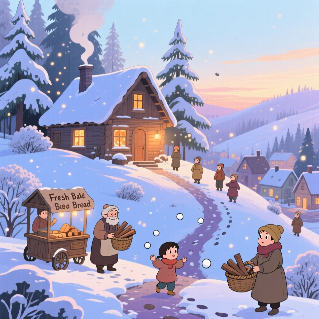 A winter scene of a cozy cabin with smoke rising against a snow-covered hillside, as townsfolk go about their day.