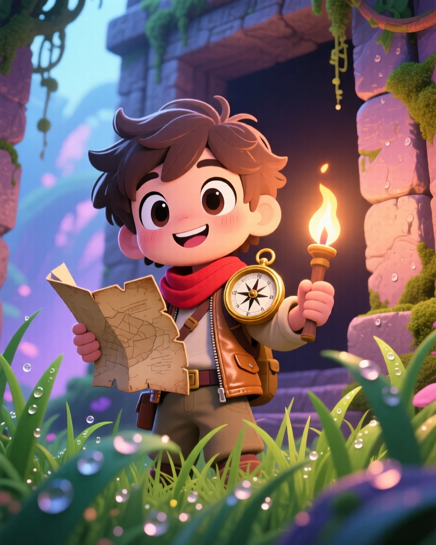 In a jungle temple ruin, a young explorer with a compass is studying an old treasure map by torchlight as morning dew glistens on the grass, bathed in soft pastel light of dawn, expression full of playful mischief. Shot as an extreme close-up.