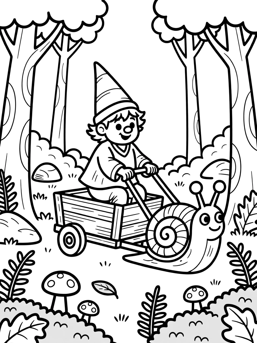 A gnome riding a snail-drawn cart through a mossy forest