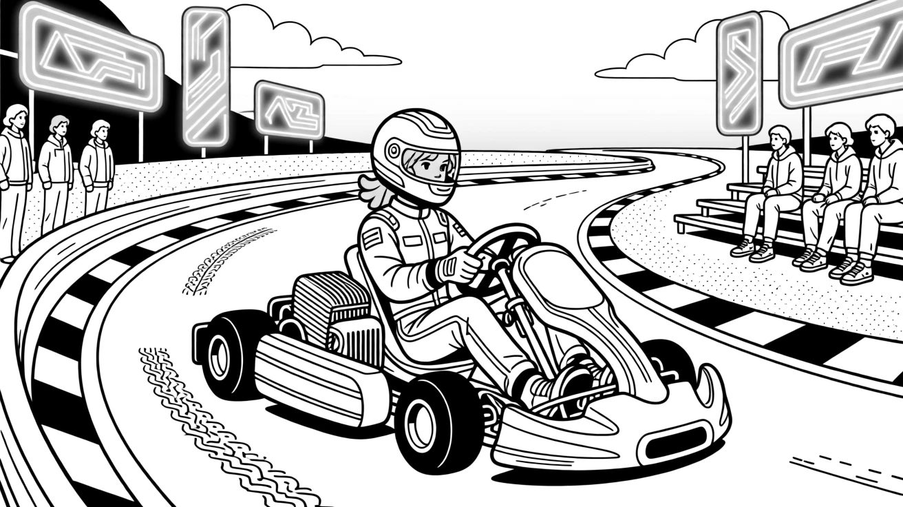 A go-kart racing around a neon-lit track, with a warm golden light bathing the scene.