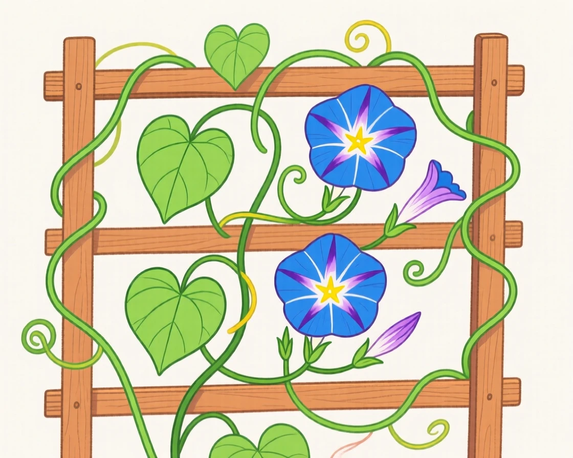 A climbing vine of morning glories on a trellis.