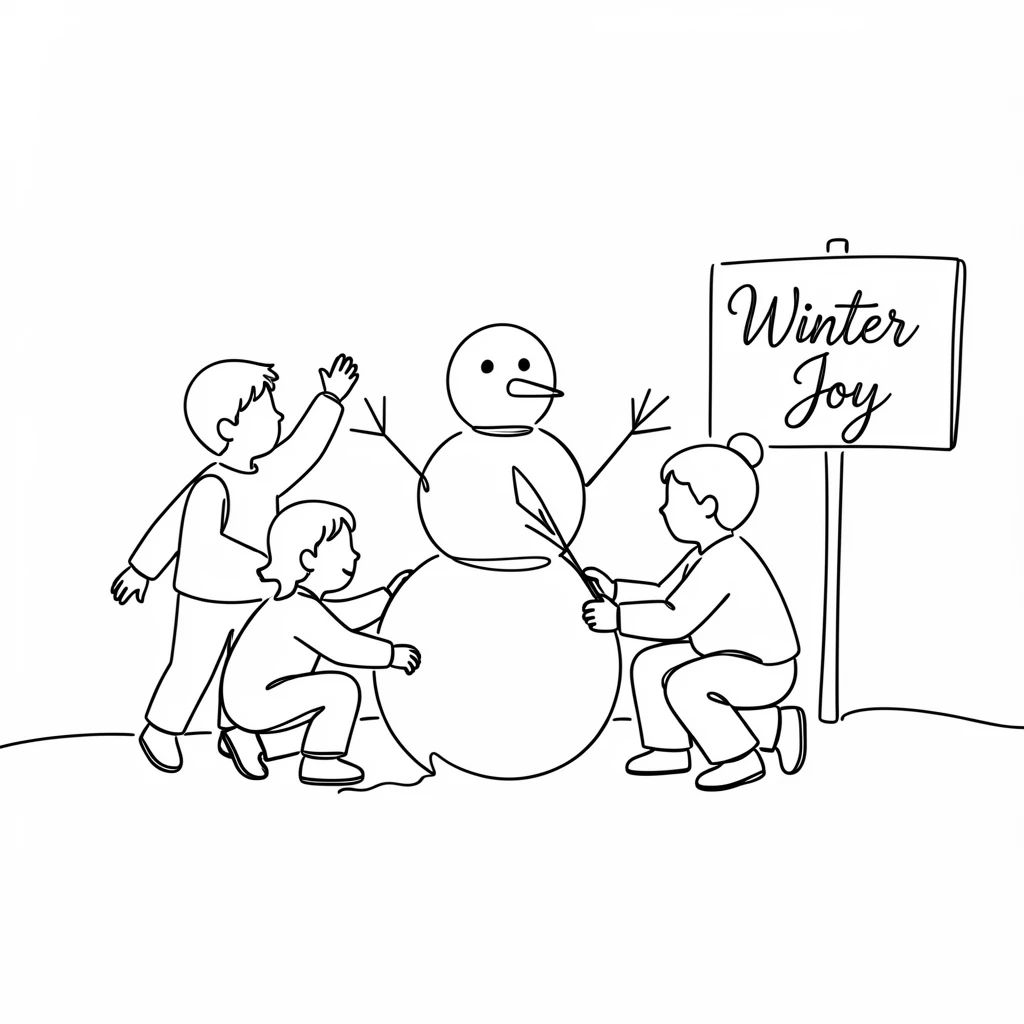 A group of children building a snowman together in a front yard