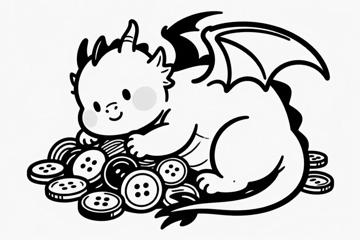 A plump baby dragon character curled around a pile of shiny buttons like treasure.