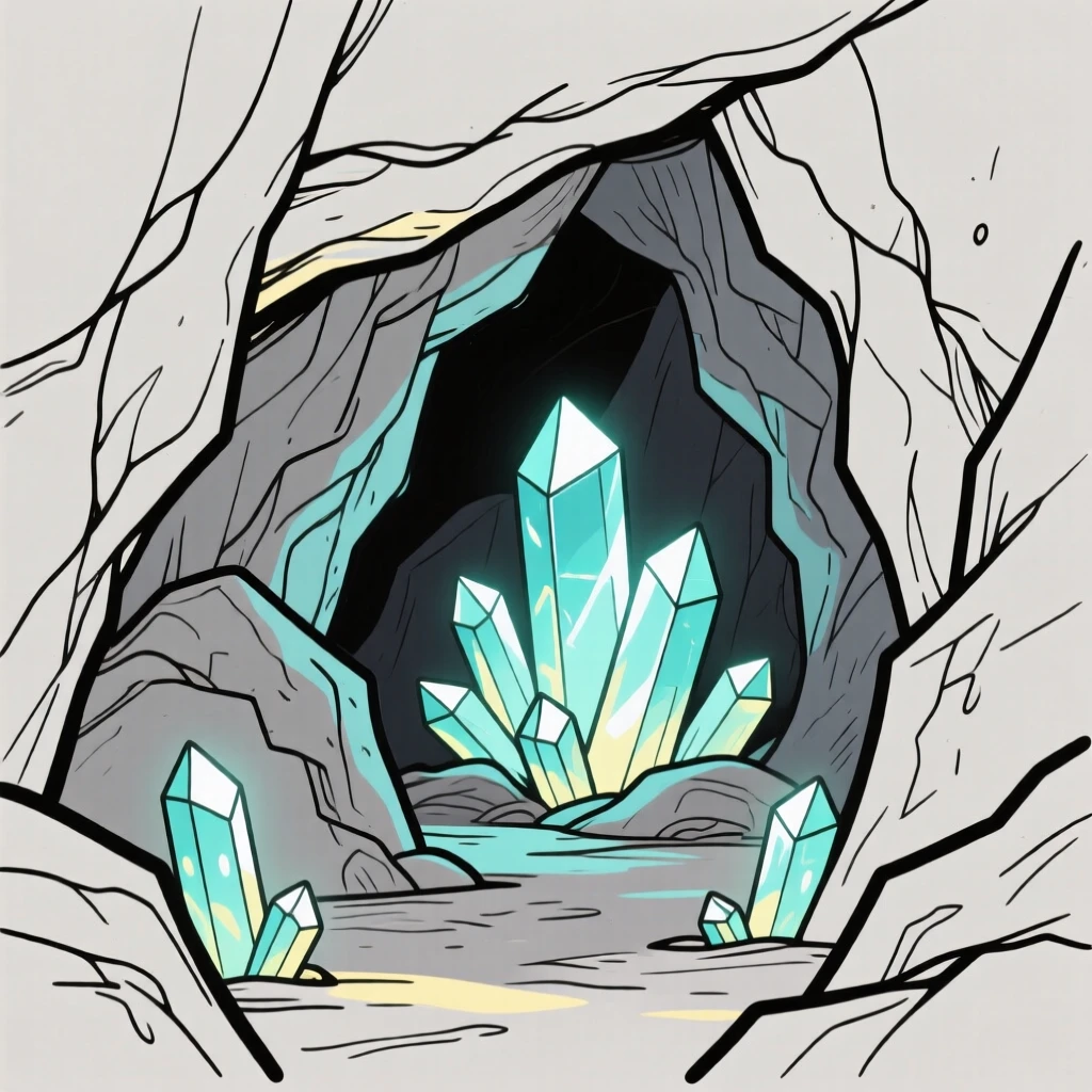 A hidden cave illuminated by glowing crystals inside a mountain.