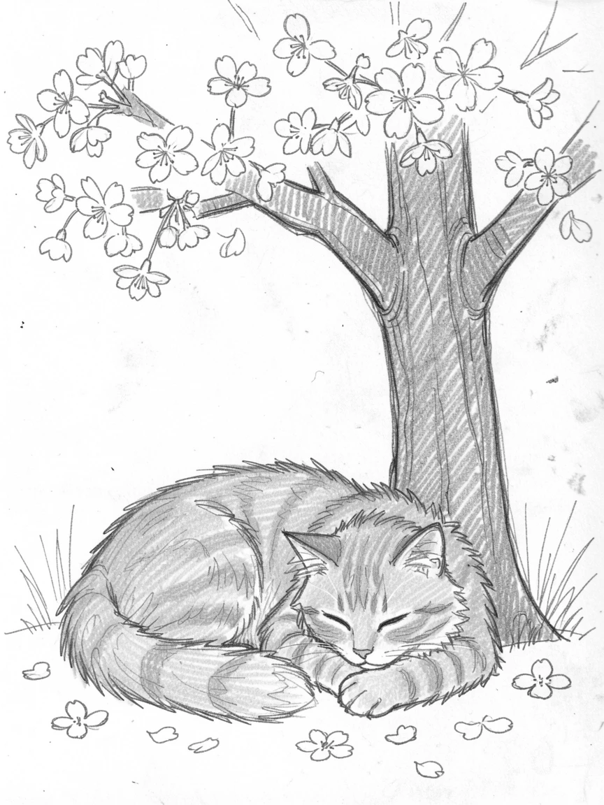 A heartwarming scene of a fluffy orange tabby cat resting beneath a blooming cherry tree, among scattered wildflower petals.