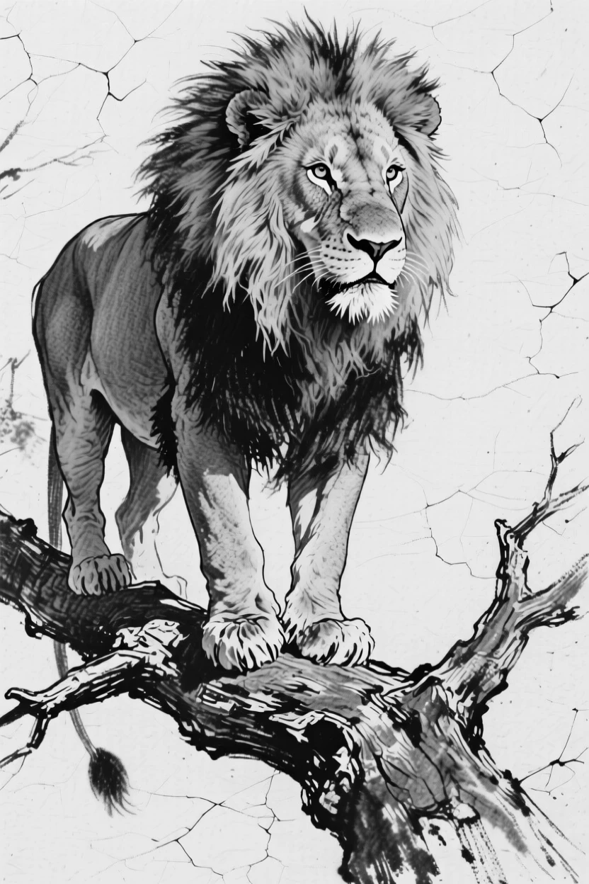 A majestic lion perched on a weathered tree branch.