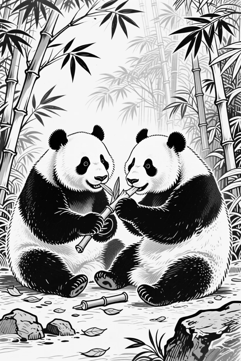 A pair of pandas sharing bamboo shoots in a lush enclosure.