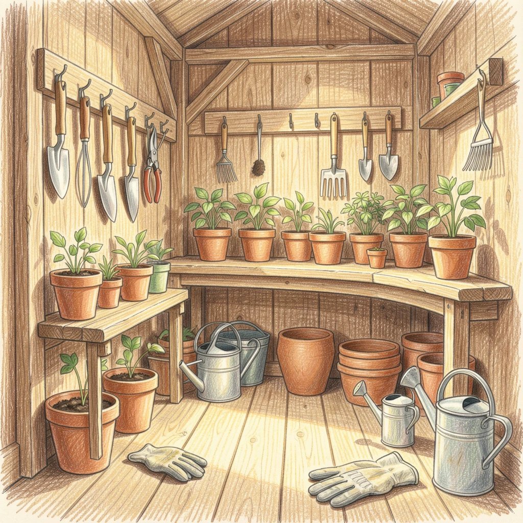 A charming garden shed filled with tools and potted seedlings, with warm golden light spilling across the room, radiating warmth, comfort, and quiet domestic happiness.