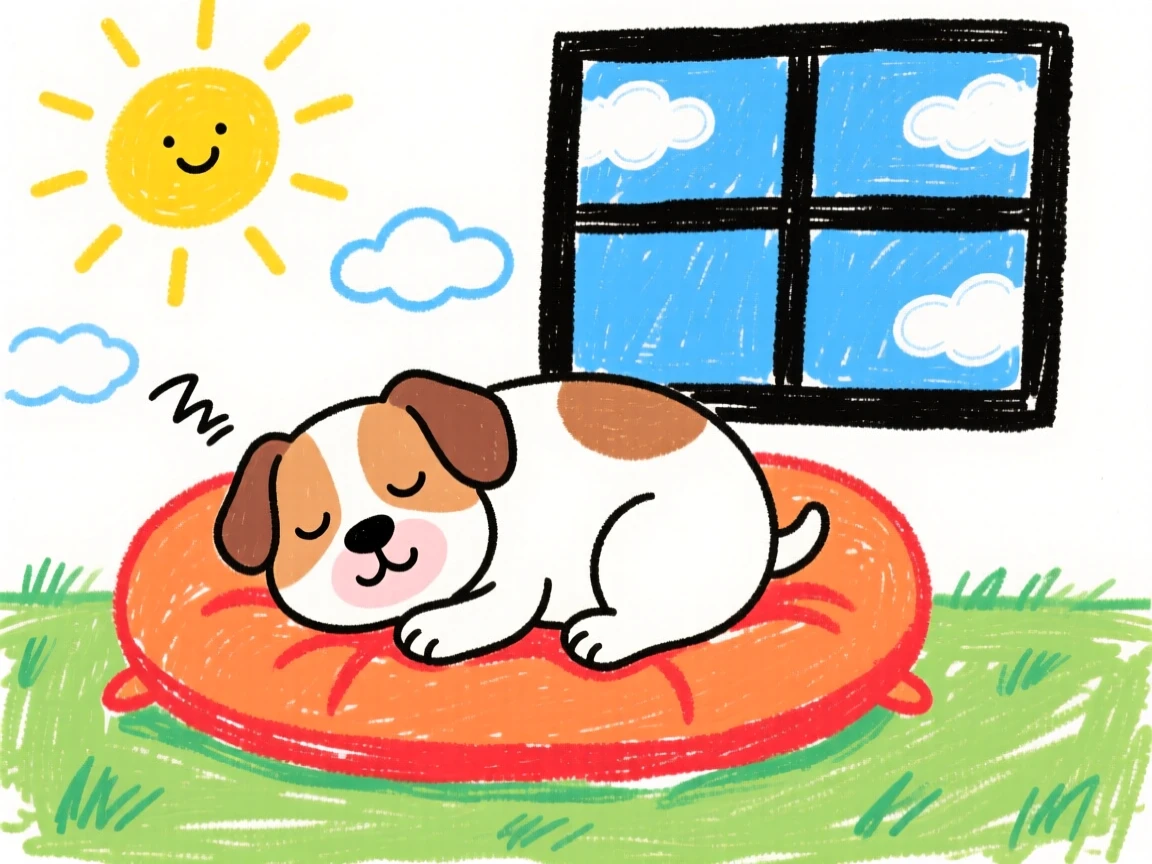 A sleepy bulldog puppy curled up asleep on a soft cushion by the window.