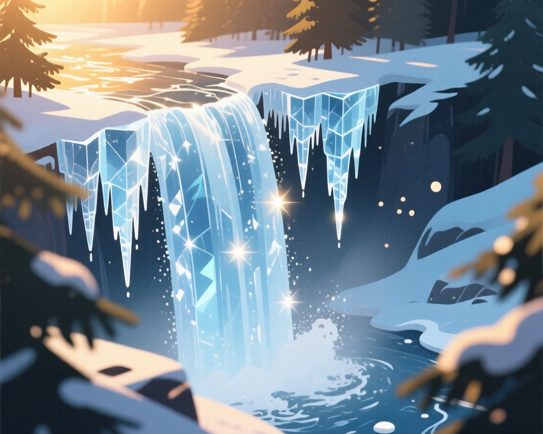 A frozen waterfall suspended in glittering ice, under warm golden hour lighting, shown from an elevated viewpoint overlooking the scene, with a fresh, crisp clarity that highlights every detail.