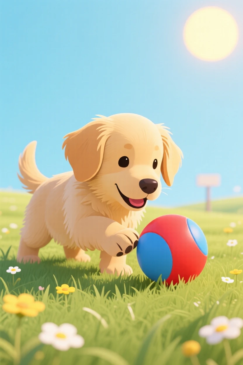 A playful golden retriever puppy playing with a ball in a sunny meadow.