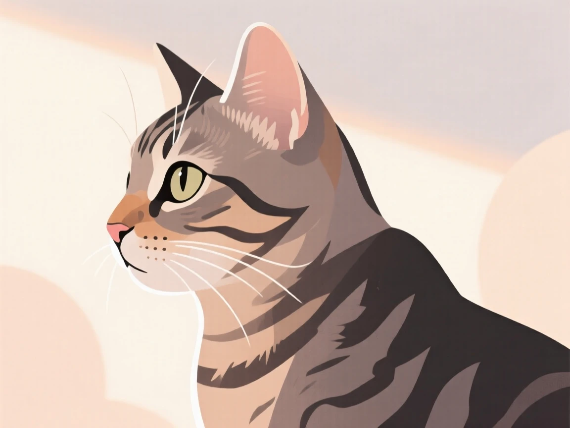 A close-up view of a tabby cat watching alertly from a distance, surrounded by soft morning light, full of quiet tenderness.