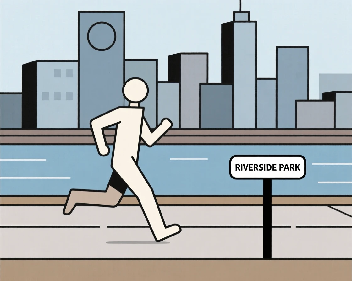 A man jogging along a city riverside path