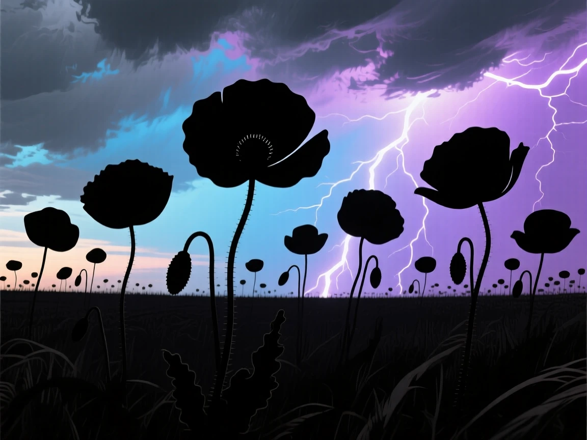 A field of poppies swaying in the wind beneath a stormy sky.