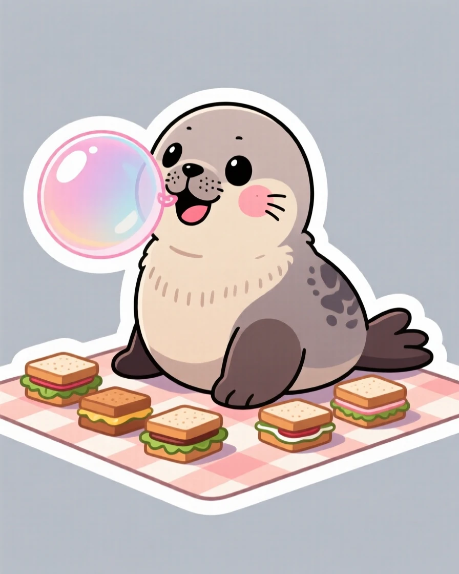 A giggling baby seal pup blowing a big bubblegum bubble, on a picnic blanket with tiny sandwiches nearby.