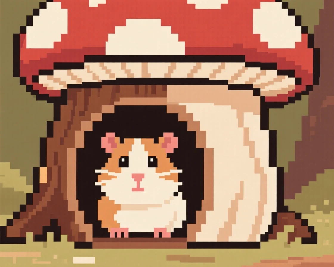 A chunky guinea pig peeking out from under a mushroom cap, inside a hollow tree stump home.