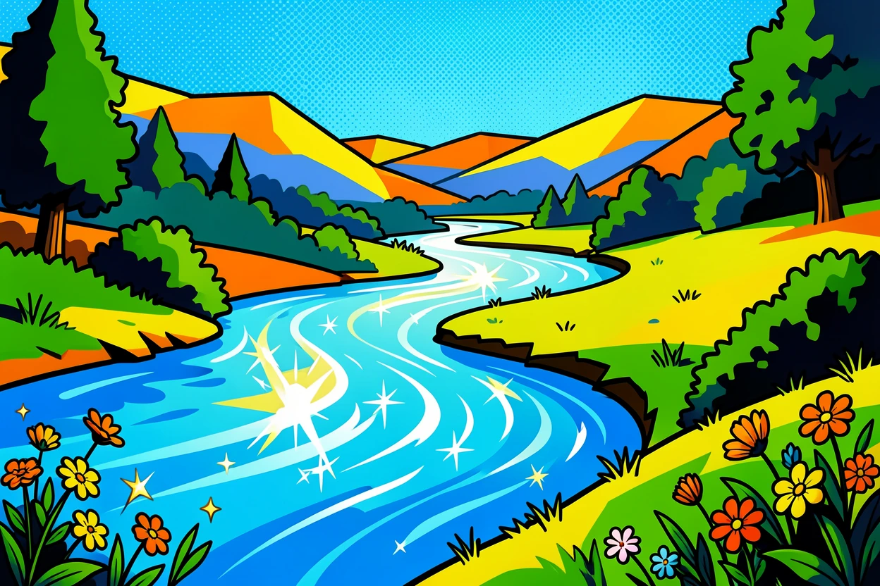 A crystal-clear river winding through a valley