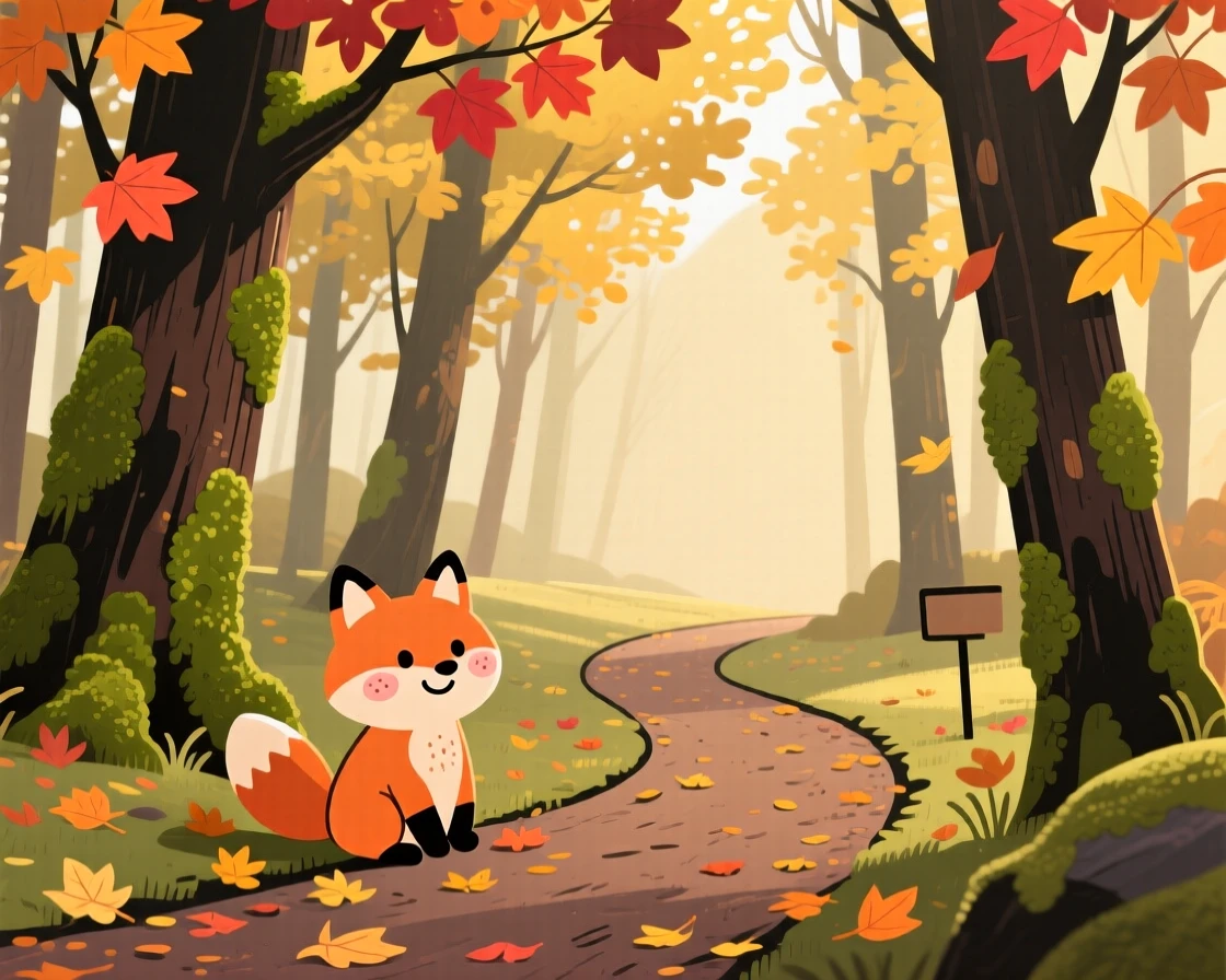 Sunlight filters through a dense woodland of moss-covered maples, casting dappled golden light across a winding dirt trail scattered with fallen leaves.