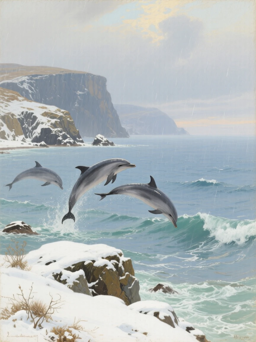 A panoramic view of a pod of dolphins leaping through gentle ocean waves, along the Irish coast, under a fresh blanket of winter snow, during a light rain.