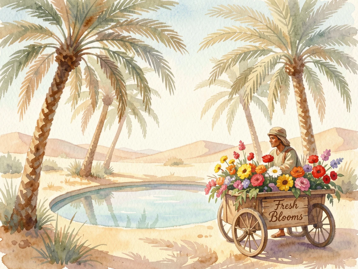 A desert oasis with palm trees and a clear pool on a clear summer afternoon with a local vendor selling fresh flowers.