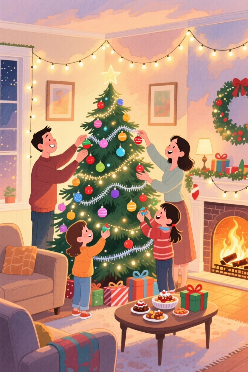 A family decorating a Christmas tree together, in a living room glowing with string lights and ornaments, with the soft crackle of a nearby fire, evoking joy and togetherness of the holiday season.