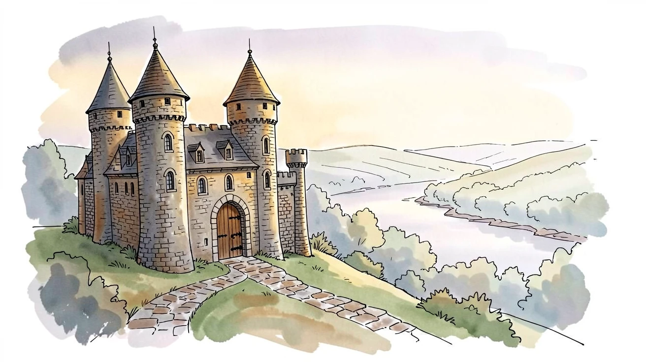 An old stone castle rising above a misty river valley, its towers just catching the morning light