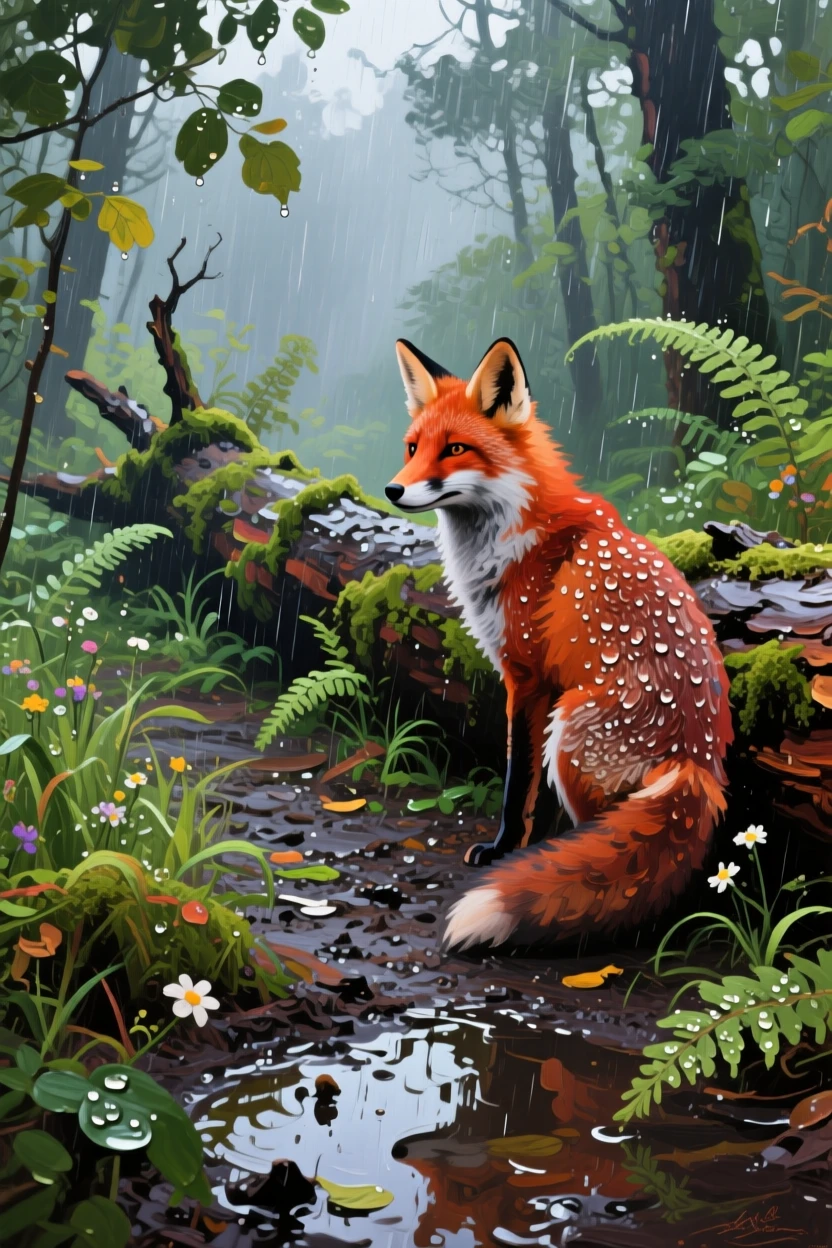 a fox watching from beside a fallen log, after fresh rainfall, composed along a natural leading line.