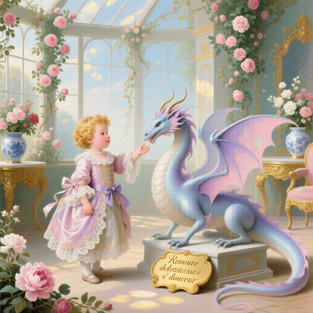 A royal child meeting a gentle dragon in a palace greenhouse  