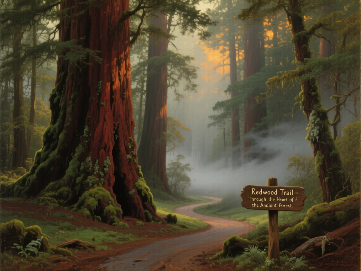 A narrow path winds through towering redwoods into misty shadow.