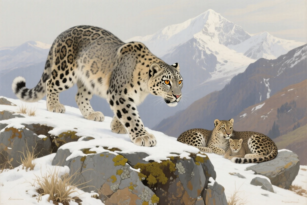 A snow leopard prowling silently across a rocky Himalayan ledge, as the rest of its family group remains close by, designed to feel both intimate and awe-inspiring