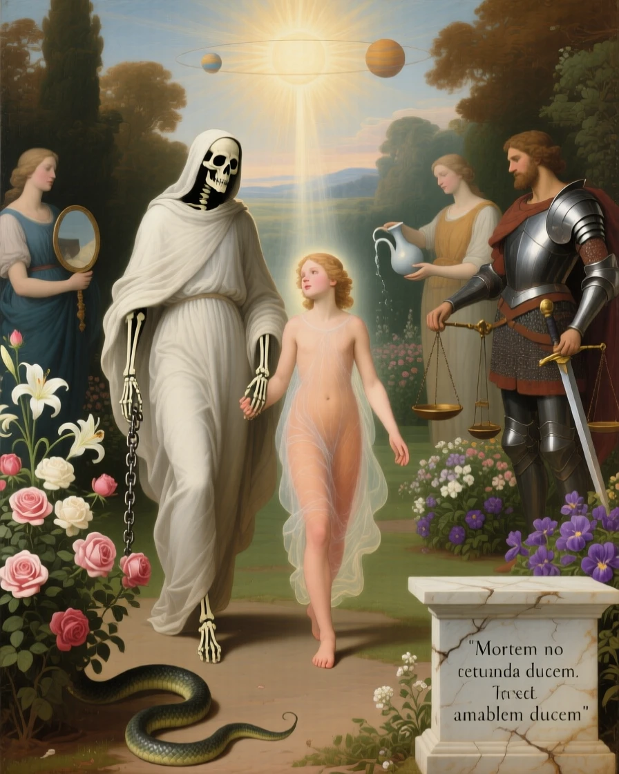 Death depicted as a gentle guide leading a soul toward the light as unseen forces of fate quietly converge, set within a garden where every bloom carries hidden meaning, with allegorical attendants representing virtues gathered nearby; supporting figures orbit the central allegory like planets around a sun, radiating timeless wisdom and moral clarity.