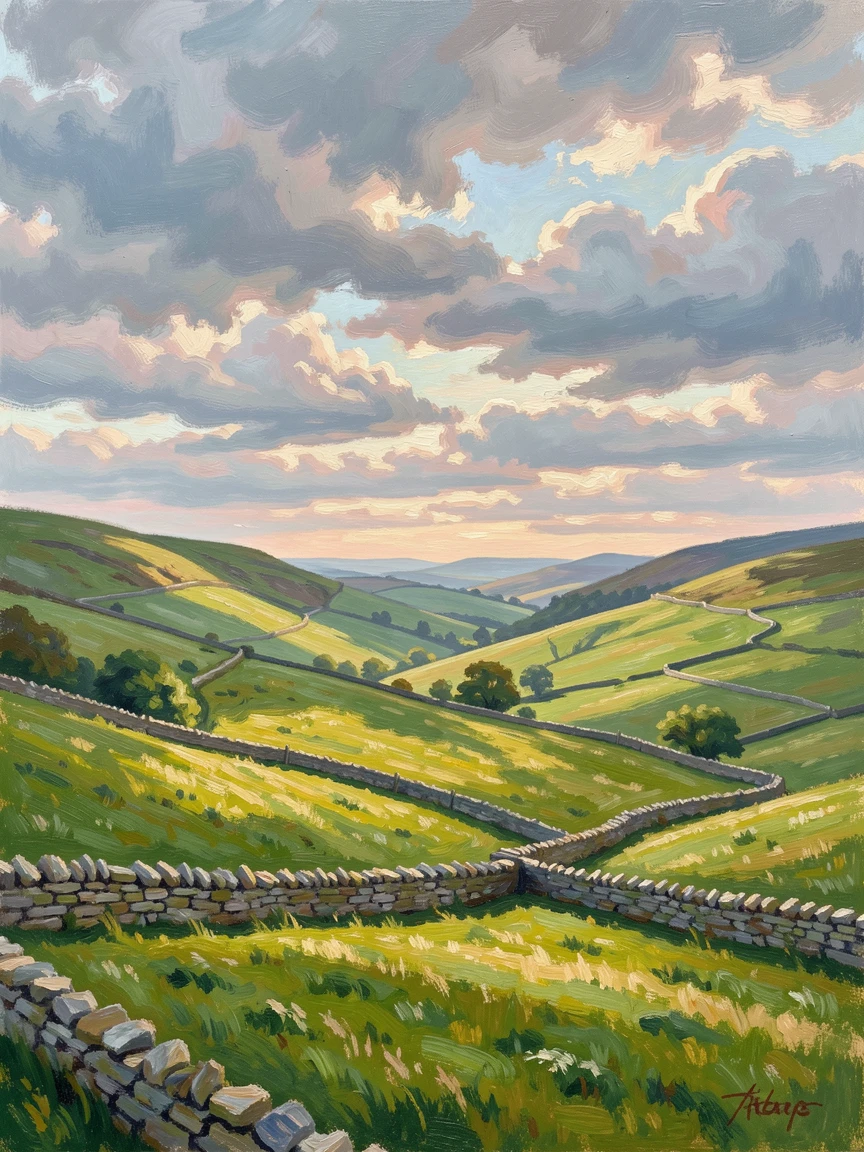 A sweeping view of rolling green hills in Ireland, dry stone walls dividing emerald pastures under a dramatic sky.