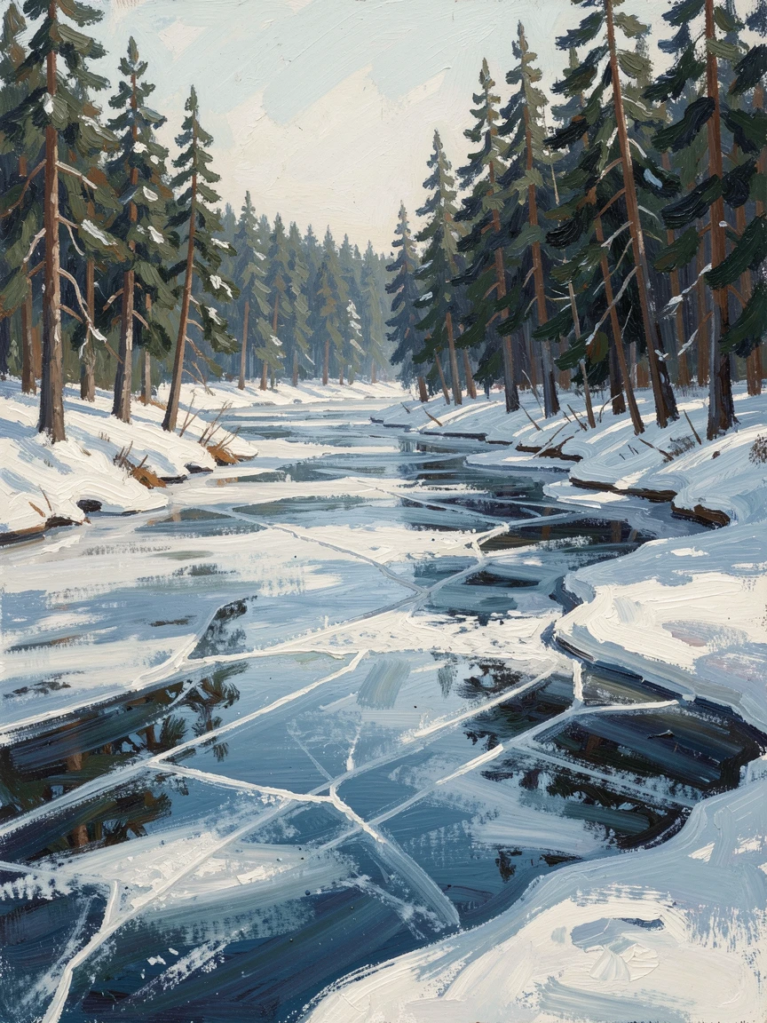 A wide frozen river cutting through a snowy pine forest under pale winter light.