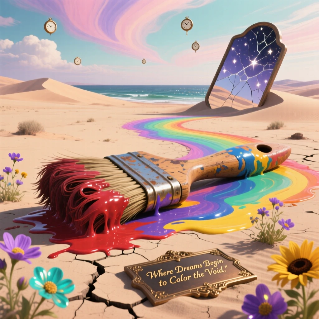 A giant paintbrush dragging a trail of color across a barren desert sits abandoned beneath a sky streaked with soft pastel clouds, while wildflowers push up through cracks along its surface.