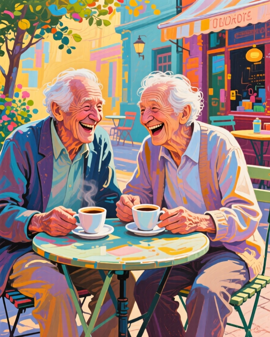 Two elderly friends sharing a laugh over coffee at a small outdoor café table