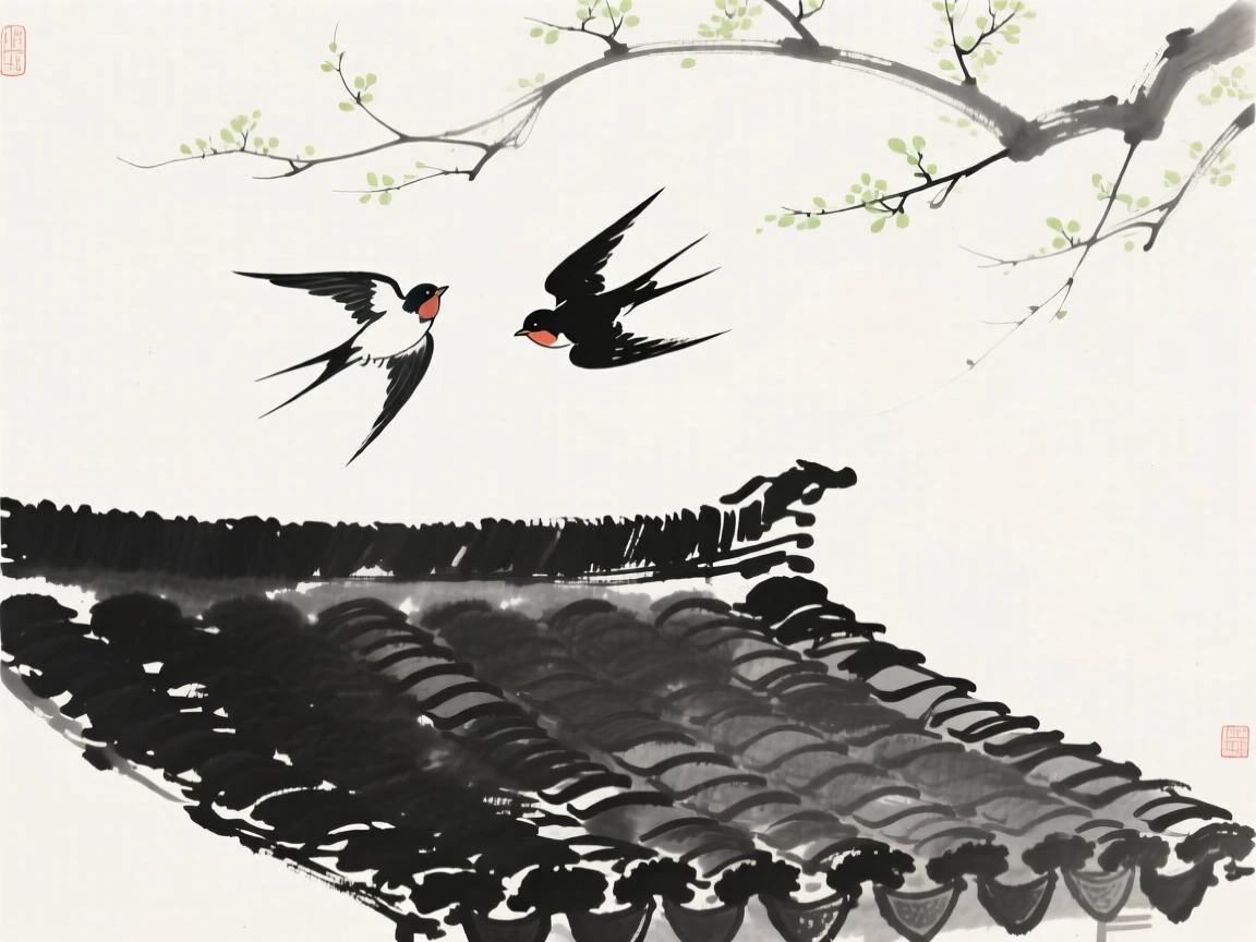 Two swallows dart above a tiled rooftop, as the first light of spring touches the branches.