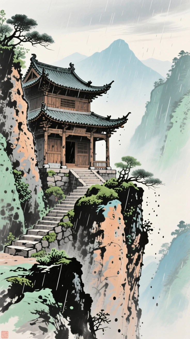 A weathered mountain temple perched on a cliffside, as summer rain begins to fall, conveying a deep sense of harmony with nature, under clearing skies after a storm.