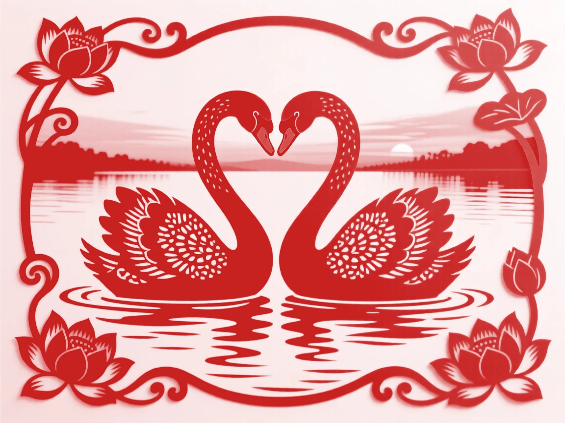 A pair of swans gliding across a still lake at twilight, necks curved together to form a heart shape