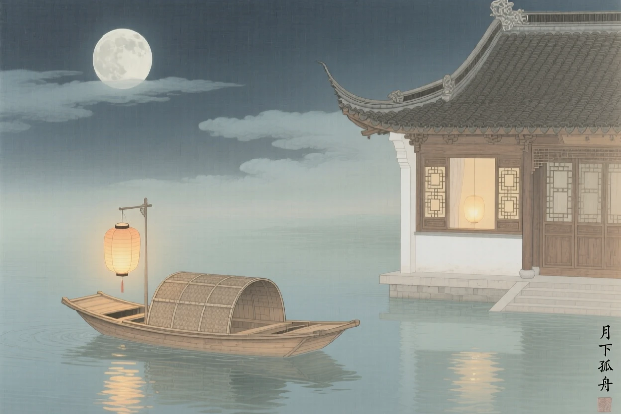 A single lantern boat drifting beneath a full moon, beside a quiet temple with a single lit window