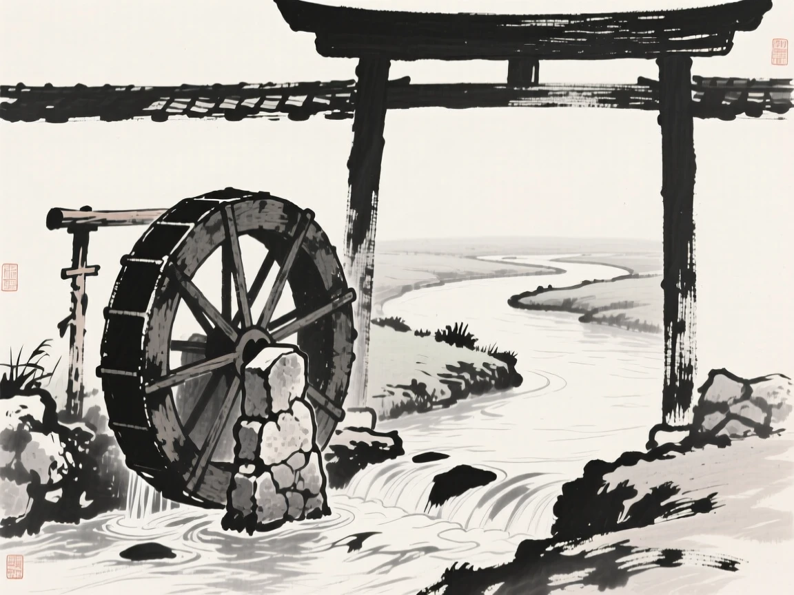 An old stone waterwheel beside a stream beside a quiet, meandering river, framed through an archway or gate for depth, suggesting timeless craftsmanship and peaceful tradition.