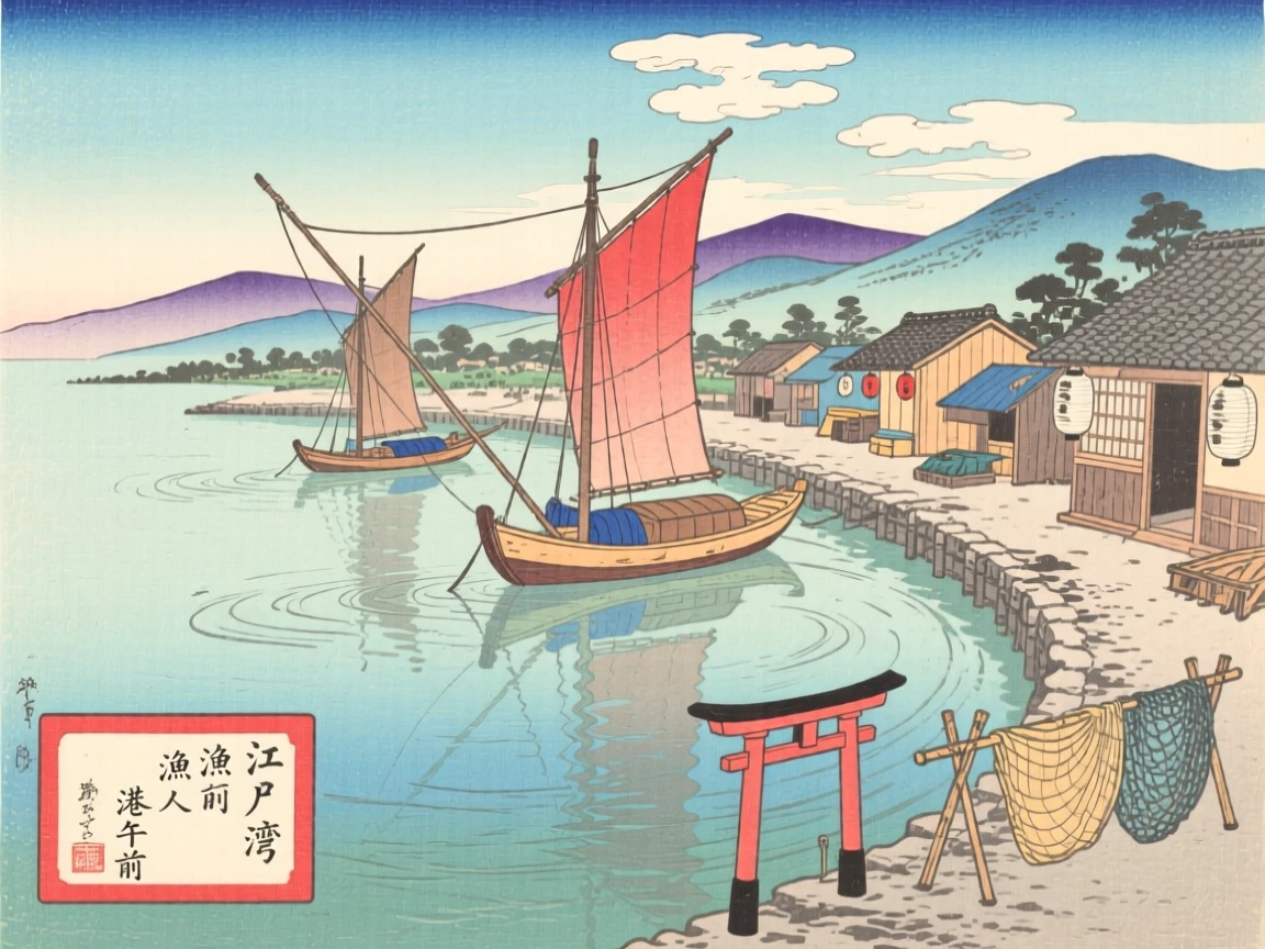 A curved fishing harbor reflected in glassy calm water, beneath a clear midday sky.