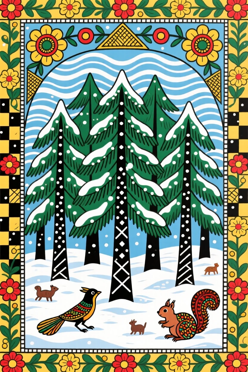 A quiet pine forest blanketed lightly with the season's first snow.
