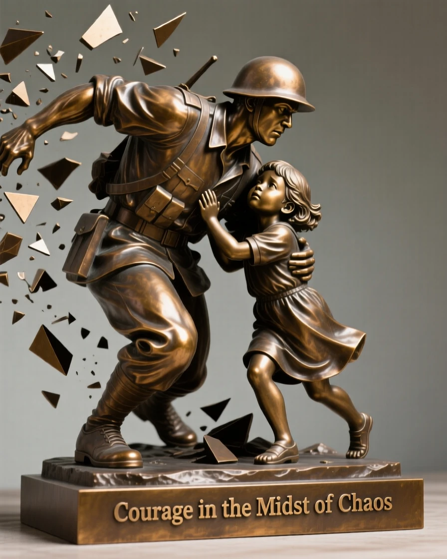 A soldier shielding a child from falling debris, captured at the peak of a powerful movement, forming a strong central focal point