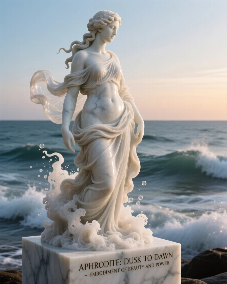 Aphrodite emerging from sea foam at dawn, cloaked in flowing fabric that ripples in the wind, radiating power and legend