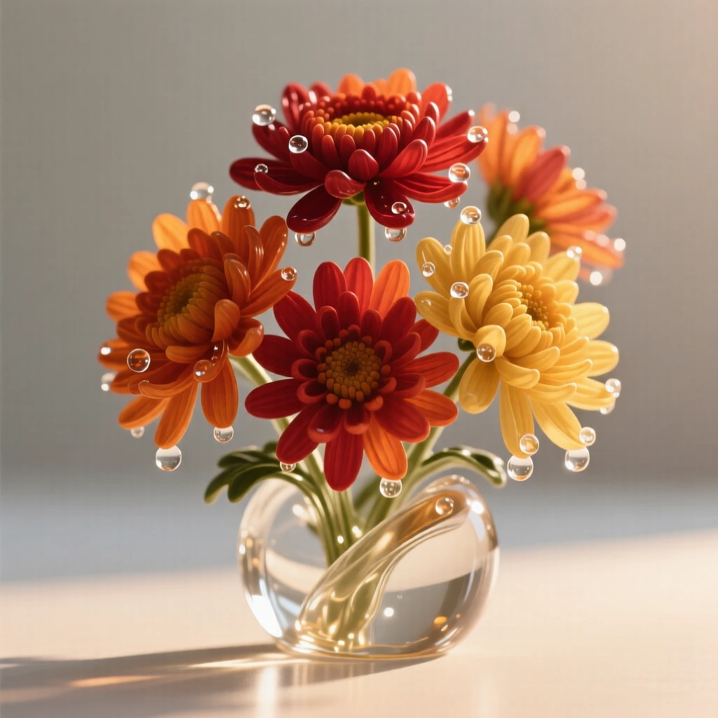 Chrysanthemums in autumn colors, backlit by soft morning sunlight, dew drops clinging to the petals, composition centered and intimate, evoking freshness and calm.