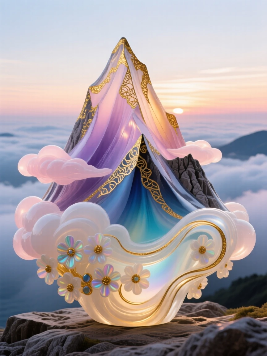 A dramatic mountain peak piercing through a sea of clouds at dawn, majestic and serene.