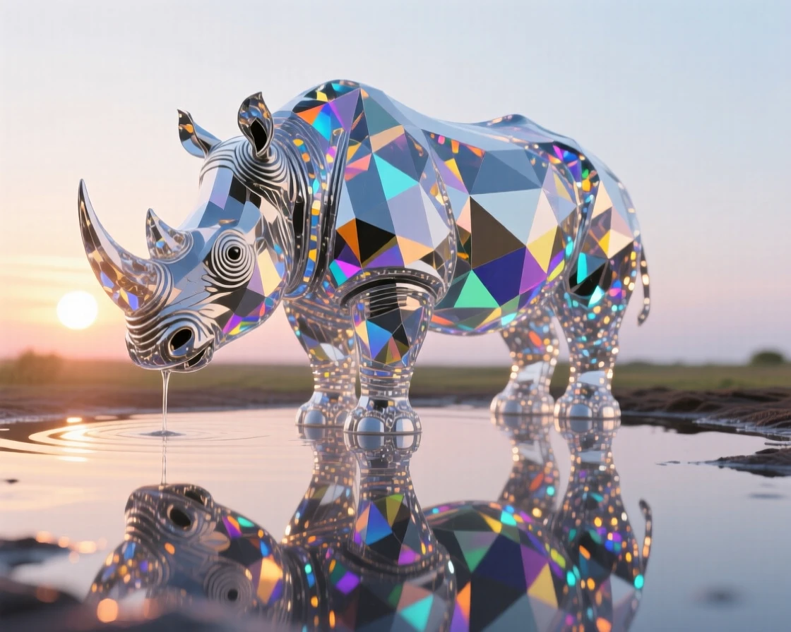 A rhinoceros standing at a watering hole at sunrise, reflection perfectly mirrored.