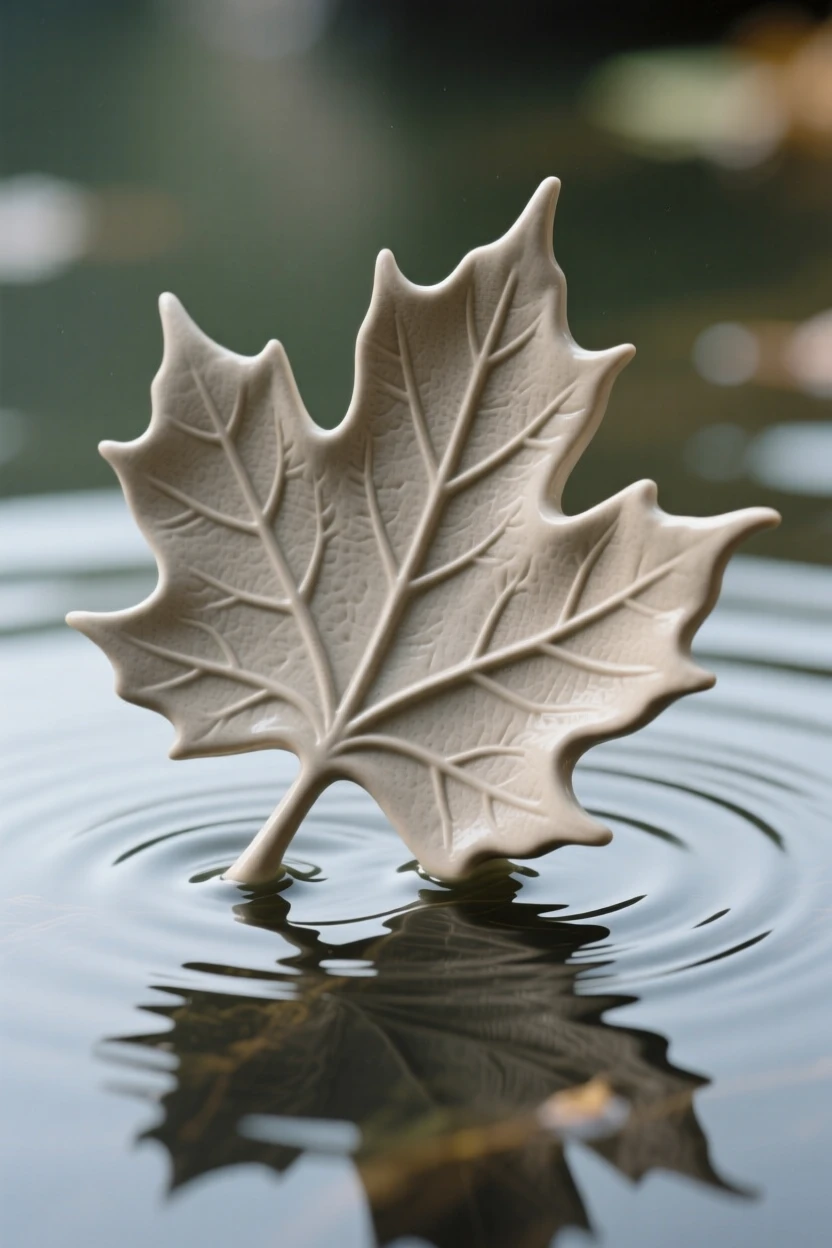 A maple leaf caught mid-fall resting delicately atop still water, with veins tracing intricate natural patterns, capturing a fleeting, delicate moment in bloom.