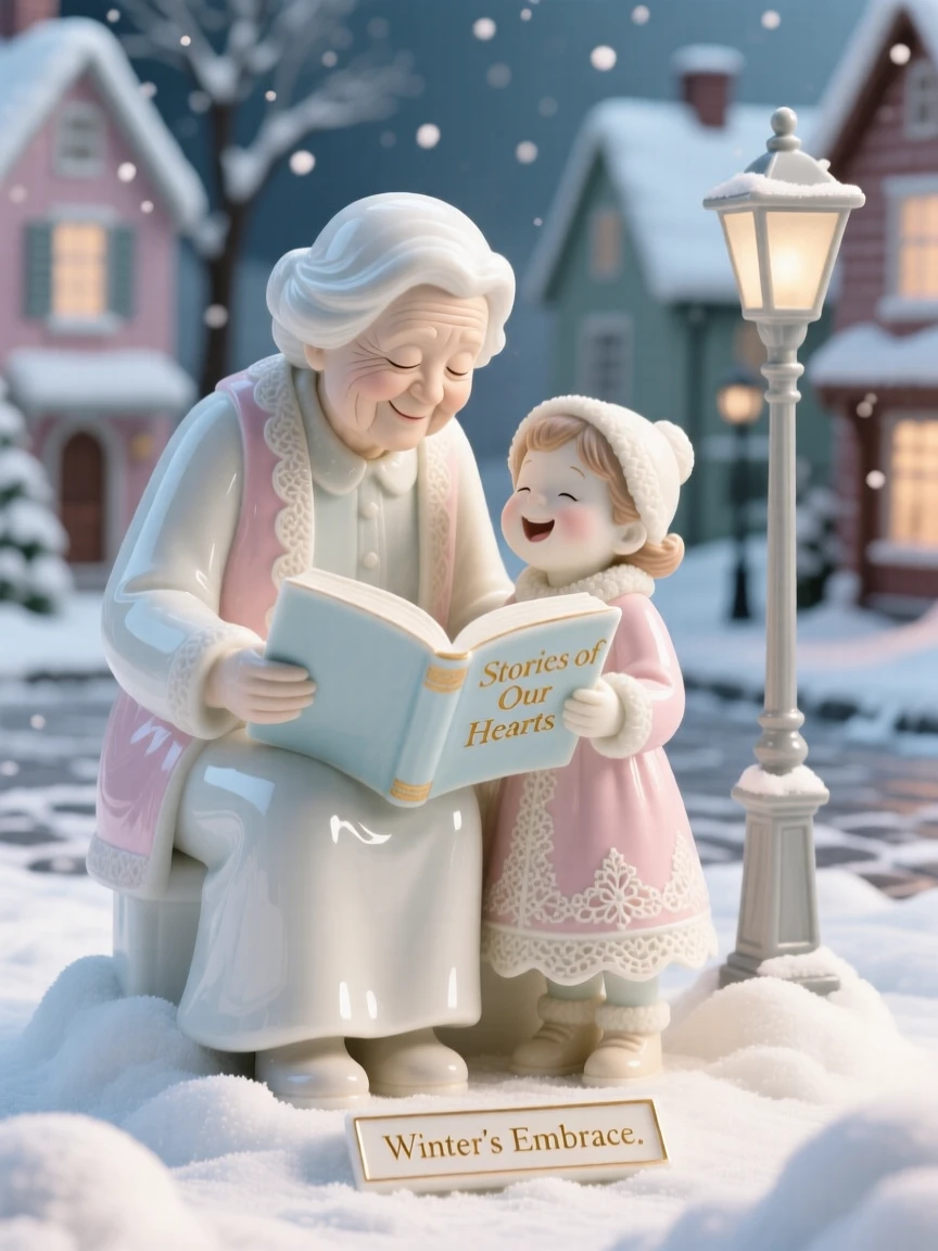 A tender scene of a grandparent and grandchild laughing together over a shared book in a snowy village square, her eyes closed in peaceful reflection.