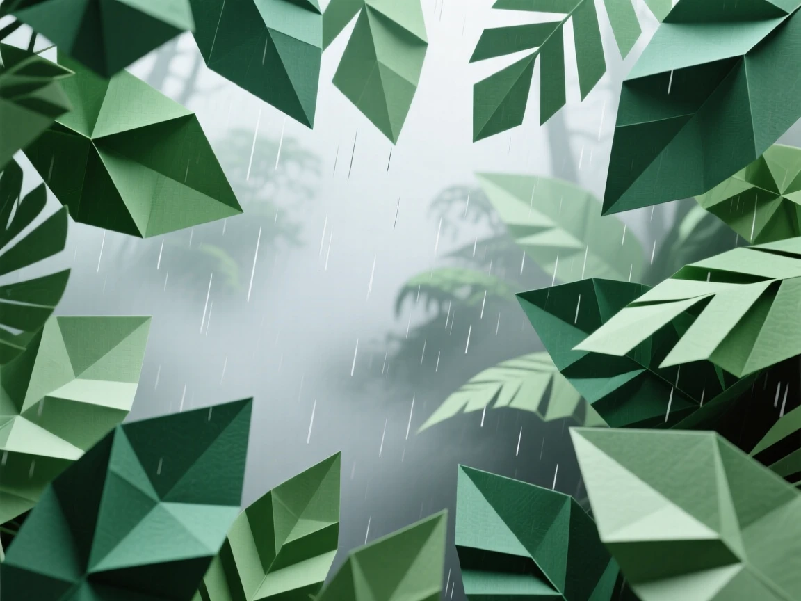 A misty rainforest canopy viewed from above, layers of green fading into fog.